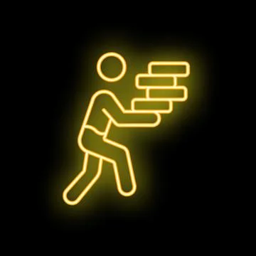 Construction worker carrying bricks neon sign on black background Stock Illustration