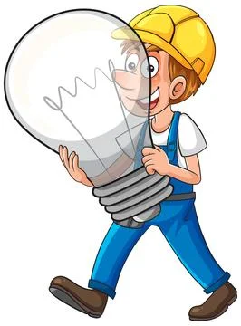 Construction Worker Carrying Oversized Light Bulb Illustration 스톡 일러스트