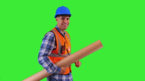 Construction worker carrying a pipe while smiling and waving at the camera,.. Stock-Footage 286985765