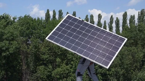 Construction Worker Carrying Solar Panel in Nature Vídeos de archivo 117849345