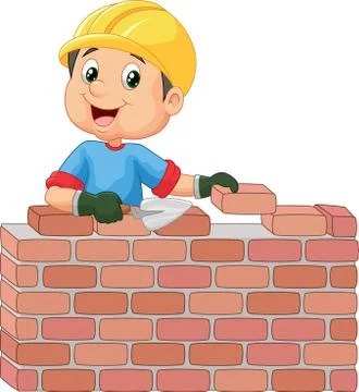 Construction worker cartoon laying bricks Stock Illustration