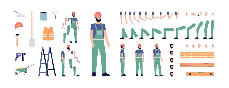 Construction worker character animation set flat vector illustration isolated. Stock Illustration