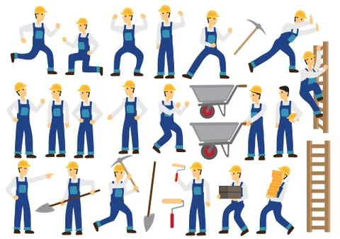 Construction worker character with different action and poses. Stock Illustration