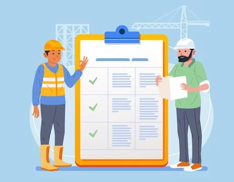 Construction worker with check marked checklist on clipboard Successful 스톡 일러스트