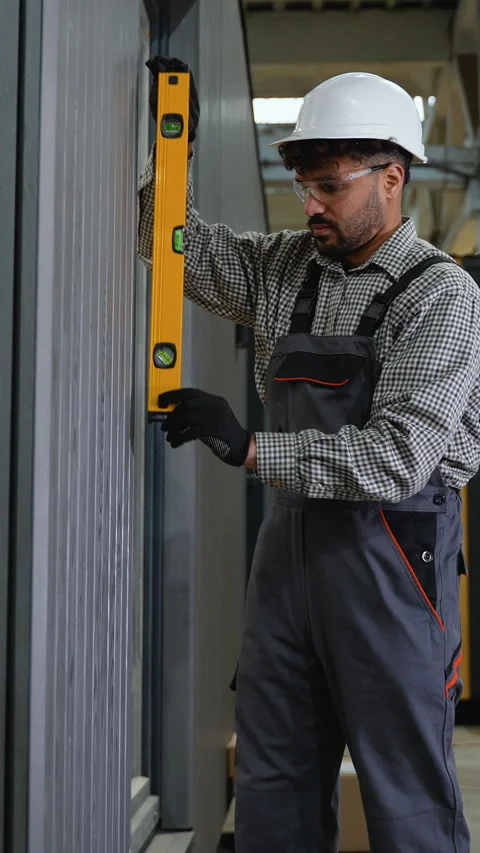 Construction worker checking verticality with spirit level Stock Footage 313092645