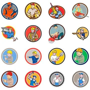 Construction Worker Circle Icon Set Set or Collection of cartoon characte... Fotos de archivo