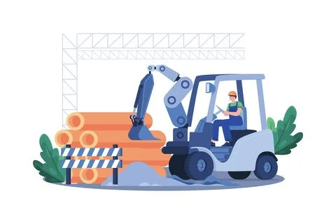 Construction worker clears site with heavy machinery. Stock Illustration