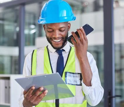 Construction worker, clipboard and phone with a man on a wifi call in a Stock Photos