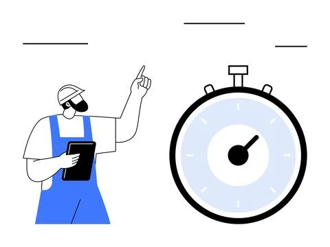 Construction worker with clipboard, pointing at large stopwatch, examining .. Illustrazione stock