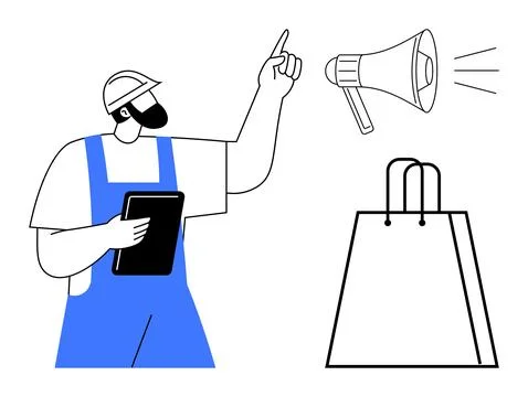 Construction Worker with Clipboard Pointing to Megaphone and Shopping Bag Illustrazione stock