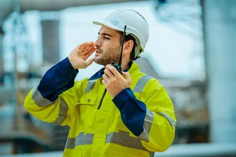 Construction worker communicates with team while monitoring site safety and.. Stock Photos