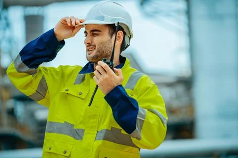 Construction worker communicates with team while surveying industrial site .. Stock Photos