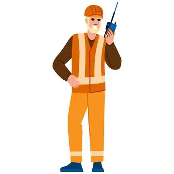 Construction worker communicating using walkie talkie on white background Illustrazione stock
