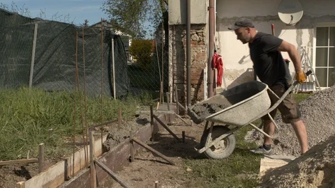 Construction worker concretes a foundation Stock Footage 99884301