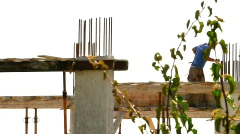 Construction Worker Contemplating and Descending Ladder Stock Footage 774625