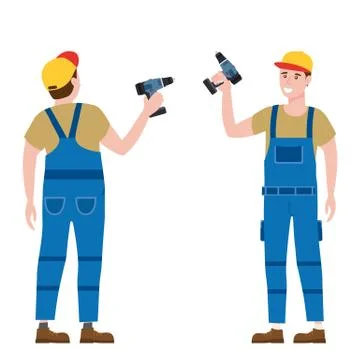 Construction worker with cordless screwdriver tool in workwear. Back and front Stock Illustration