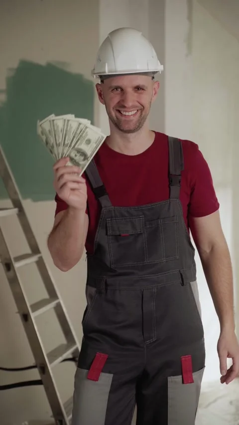 Construction worker counting money during home renovation Stock-Footage 311928143