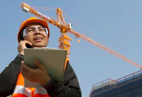 Construction worker with crane in background Foto stock