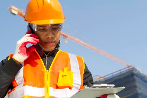 Construction worker with crane in background Foto stock