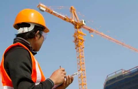 Construction worker with crane in background Stock Photos