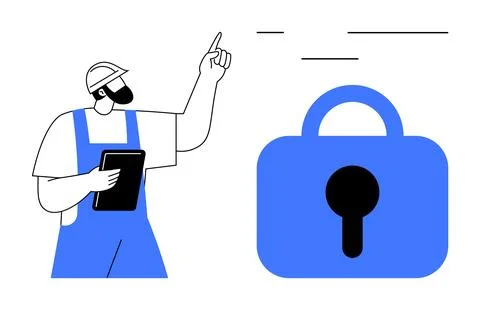 Construction Worker with Digital Tablet Pointing at Security Lock Icon Stock Illustration
