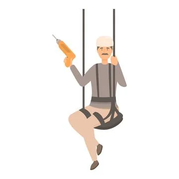 Construction worker with drill hanging on ropes for building maintenance Illustrazione stock
