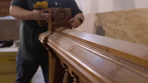 Construction Worker Drilling Wood Railing Stock Footage 146104365