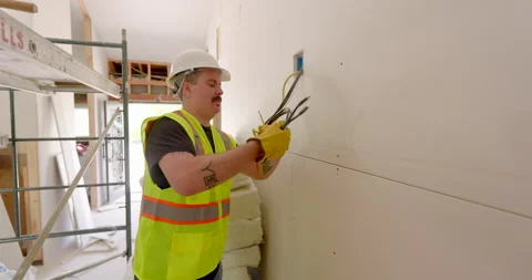 A Construction Worker Engaged in Electrical Work as Part of a Remodeling Project Stock Footage 287301485