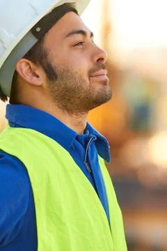 Construction worker, engineer and man thinking outdoor, vision or contemplating 스톡 사진