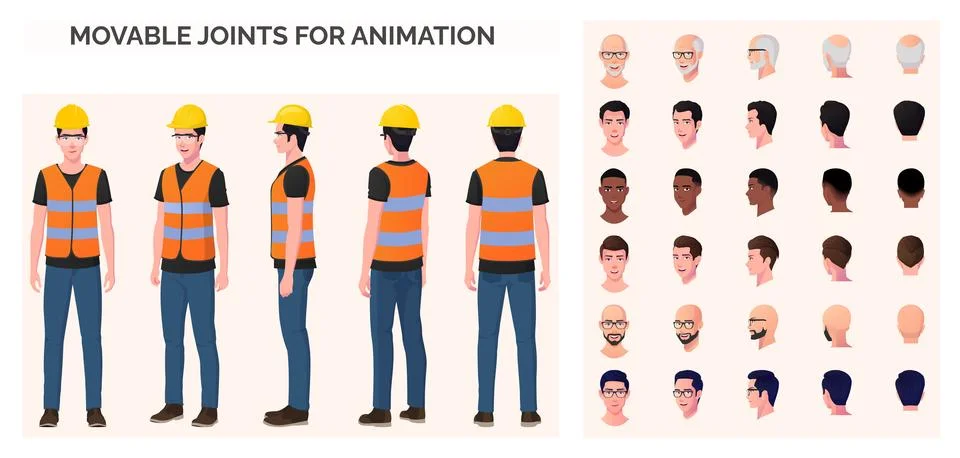 Construction Worker, Engineer Character Creation Pack with Man Wearing Safety Stock Illustration