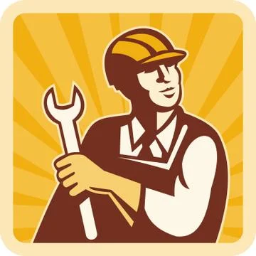 Construction worker engineer mechanic holding spanner Stock Illustration
