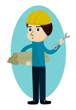 Construction worker, engineer or architect holding projects prints and wrench Illustrazione stock