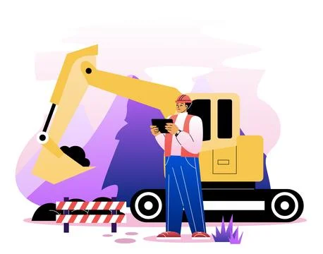 Construction worker with excavator scene. Vector illustration Stock Illustration