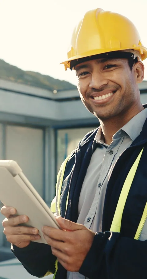 Construction worker, face and happy man with tablet, outdoor and laugh with Stock Footage 345576781