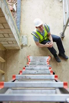 Construction worker falling off ladder and injuring leg Stock Photos