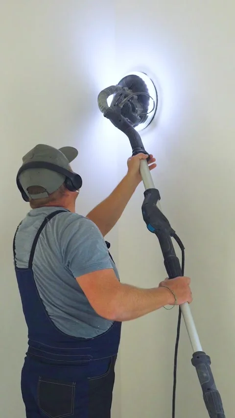 Construction worker, finisher, performs final sanding of walls. Filling work Stock Footage 324047715