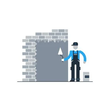Construction worker finishing brick wall Stock Illustration