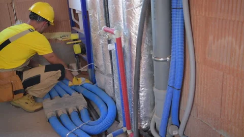 Construction Worker Finishing Interior Bathroom System Elements Stock Footage 141034258