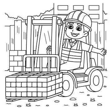 Construction Worker with the Forklift Coloring Stock Illustration