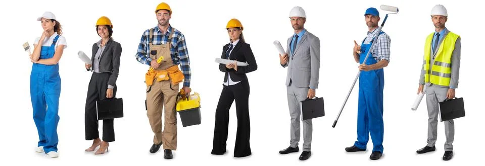 Construction worker full portrait set Stock Photos