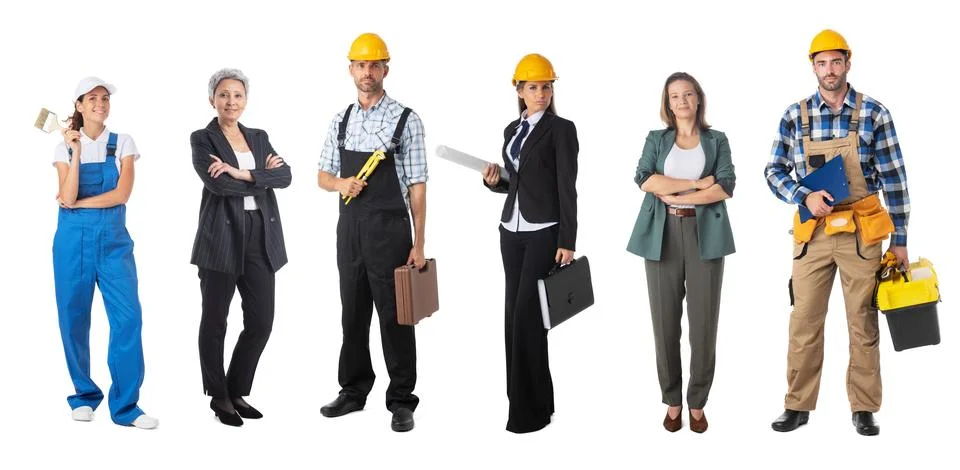 Construction worker full portrait set 스톡 사진