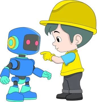 Construction Worker Giving Instructions to AI Robot Cartoon Vector Illustrati Stock Illustration