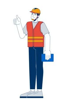 Construction worker giving thumb up with clipboard 2D cartoon character Illustrazione stock