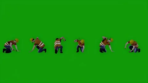 Construction worker on green screen hammering with six different views Vidéo 204792438