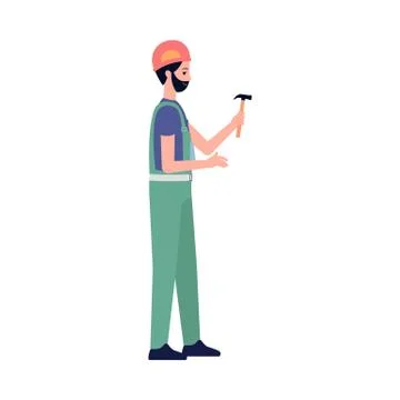 Construction worker with hammer in hands flat vector illustration isolated. Stock Illustration