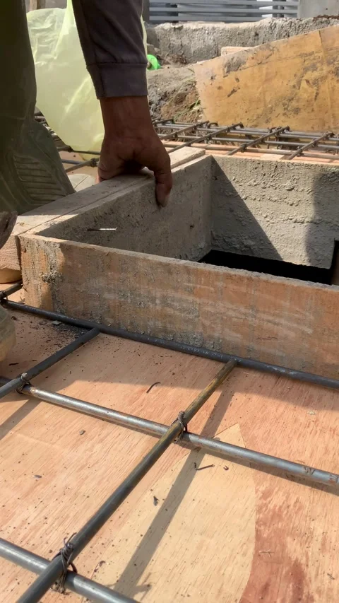 Construction worker hammering wooden formwork for concrete slab Видео 334533462