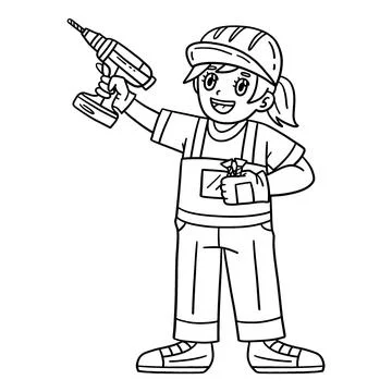 Construction Worker with a Hand Drill Isolated Stock Illustration
