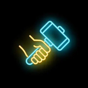 Construction worker hand holding a hammer neon sign on a black background Stock Illustration