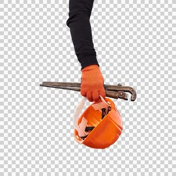Construction worker hand holding pipe wrench and orange safety helmet PNG Stock Photos