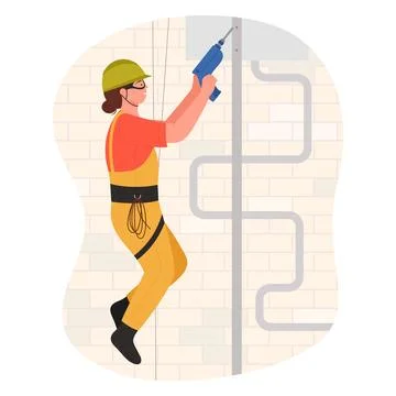 Construction worker hanging on rope with drill, building work at height of woman Ilustración de archivo